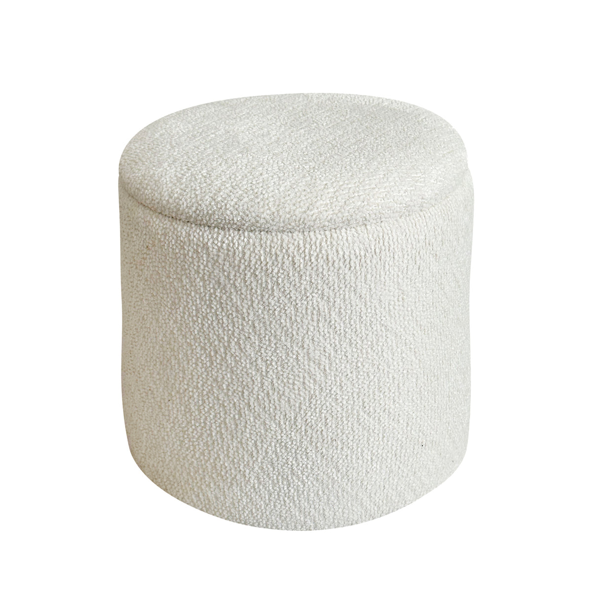 A cylindrical upholstered ottoman or stool with a textured,fabric in an cream color, shown against a plain white background.
