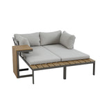 Outsidings modular sofa arranged in a compact configuration with soft neutral cushions, grey metal framing and wood-look detailing.