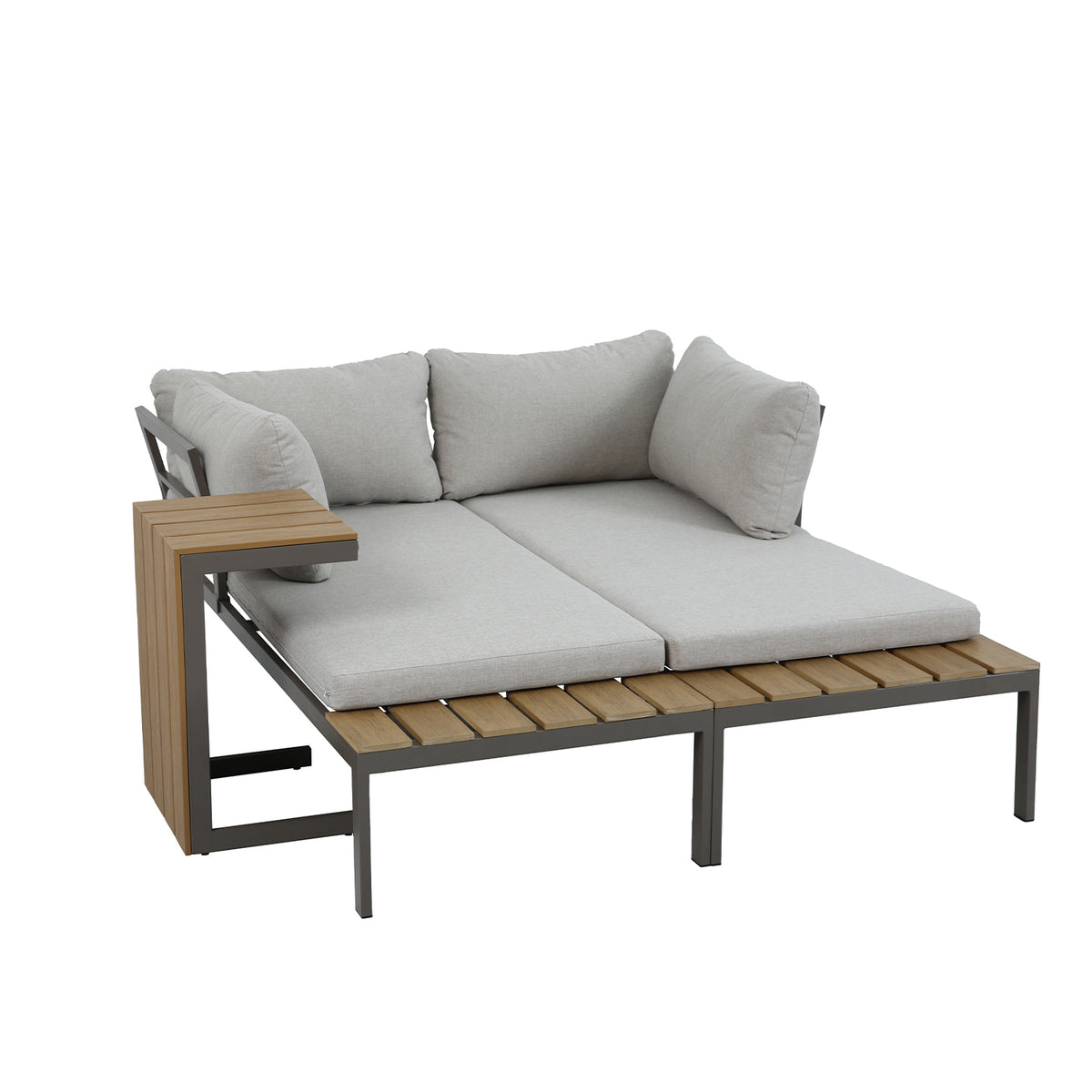 Outsidings modular sofa arranged in a compact configuration with soft neutral cushions, grey metal framing and wood-look detailing.