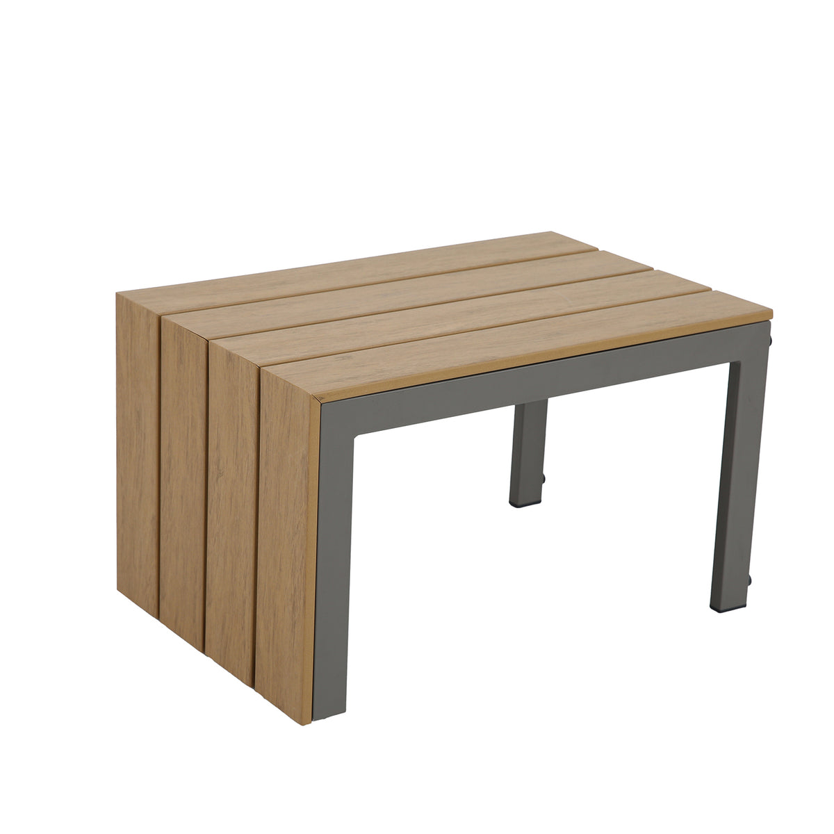 Outsidings coffee table featuring a slatted wood-look top with a contemporary grey metal frame.