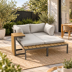 Outsidings Modular Sofa & Table Set of 3 arranged as a compact outdoor lounge setting with neutral cushions and wood-look accents.