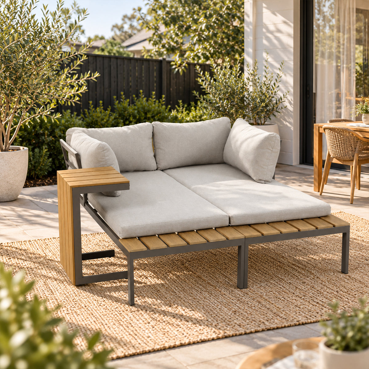 Outsidings Modular Sofa & Table Set of 3 arranged as a compact outdoor lounge setting with neutral cushions and wood-look accents.