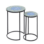 Outsidings Blue Tile Mosaic Side Table Set of 2 featuring round blue and green mosaic patterned tabletops with slim black metal frames.