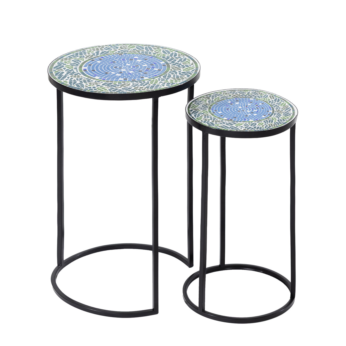 Outsidings Blue Tile Mosaic Side Table Set of 2 featuring round blue and green mosaic patterned tabletops with slim black metal frames.