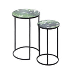 Outsidings Green Leaves Mosaic Side Table Set of 2 featuring round tabletops with tropical green leaf patterns and slim black metal frames.