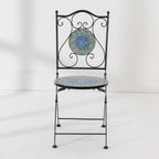 Outsidings Blue Tile Mosaic Chair front view, featuring a blue and green circular mosaic design and decorative black metal frame.