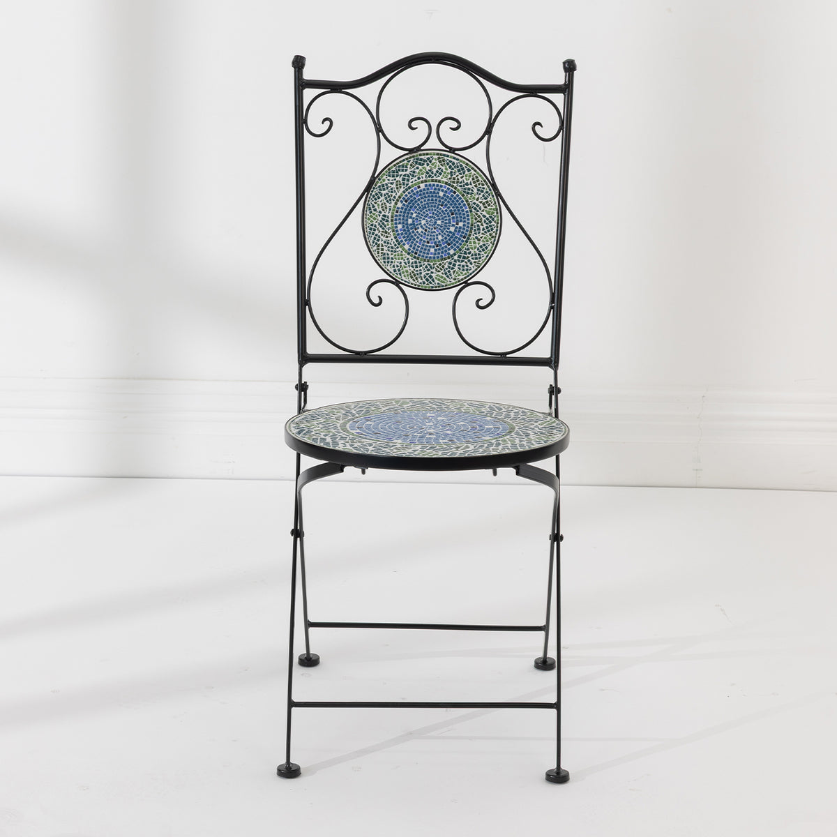 Outsidings Blue Tile Mosaic Chair front view, featuring a blue and green circular mosaic design and decorative black metal frame.