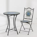 Outsidings Blue Tile Mosaic Chair displayed beside the matching round mosaic table with coordinating blue and green tile designs.