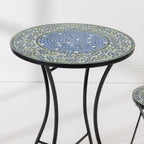 Close-up of the Outsidings Blue Tile Mosaic Table showing the detailed blue, green and white circular mosaic tile pattern.