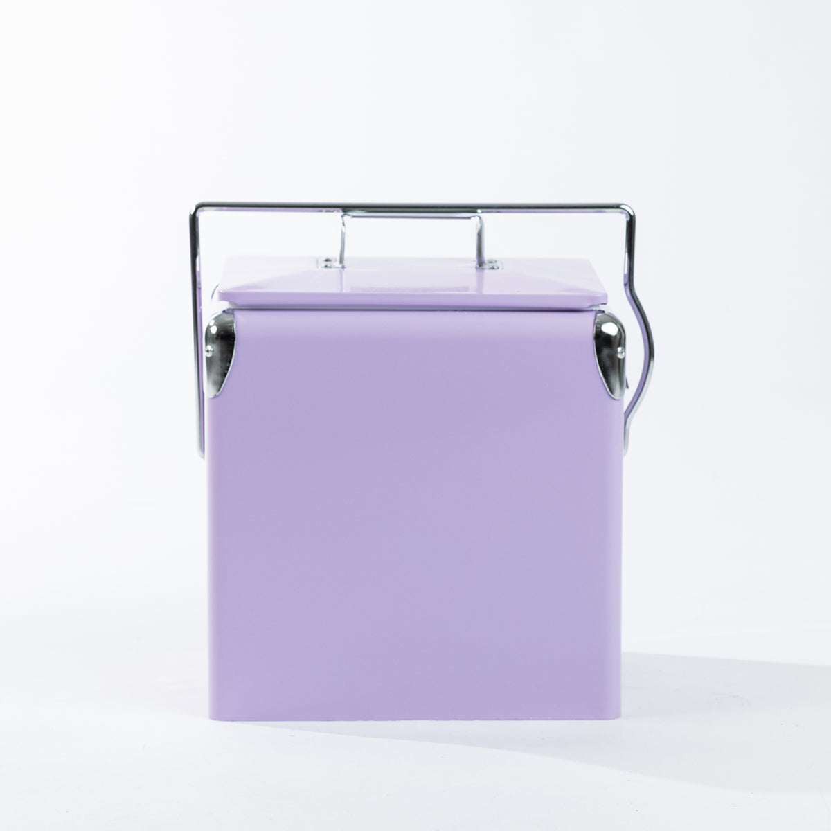Lilac 13L cooler box featuring a smooth pastel finish, rectangular design, matching removable lid and silver metal carry handle with reinforced corner detailing.