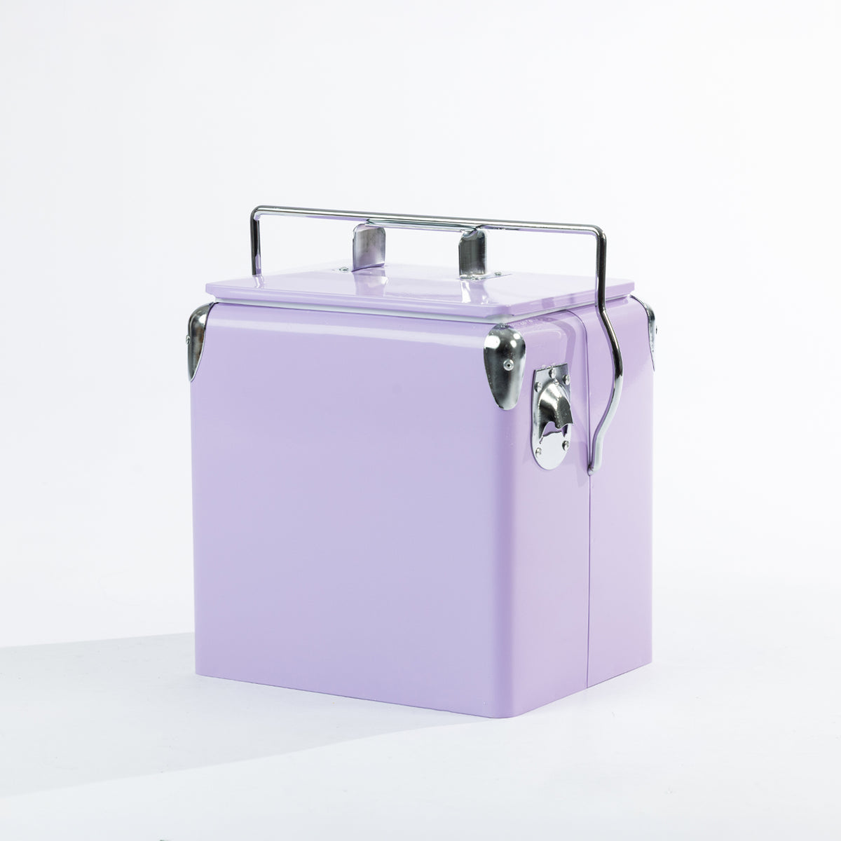 Lilac cooler box displayed from an angled view, highlighting its sturdy metal carry handle, silver corner accents, removable lid and convenient built-in bottle opener on the side.