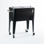 Black 57L cooler box featuring a sleek matte finish, rectangular design, two separate lids with silver knobs, sturdy side carry handle, built-in bottle opener, side bottle holder and four caster wheels for easy mobility.