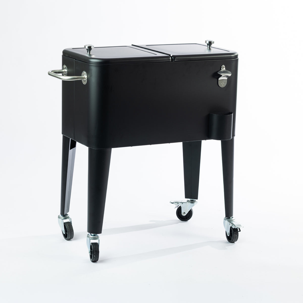 Black 57L cooler box featuring a sleek matte finish, rectangular design, two separate lids with silver knobs, sturdy side carry handle, built-in bottle opener, side bottle holder and four caster wheels for easy mobility.