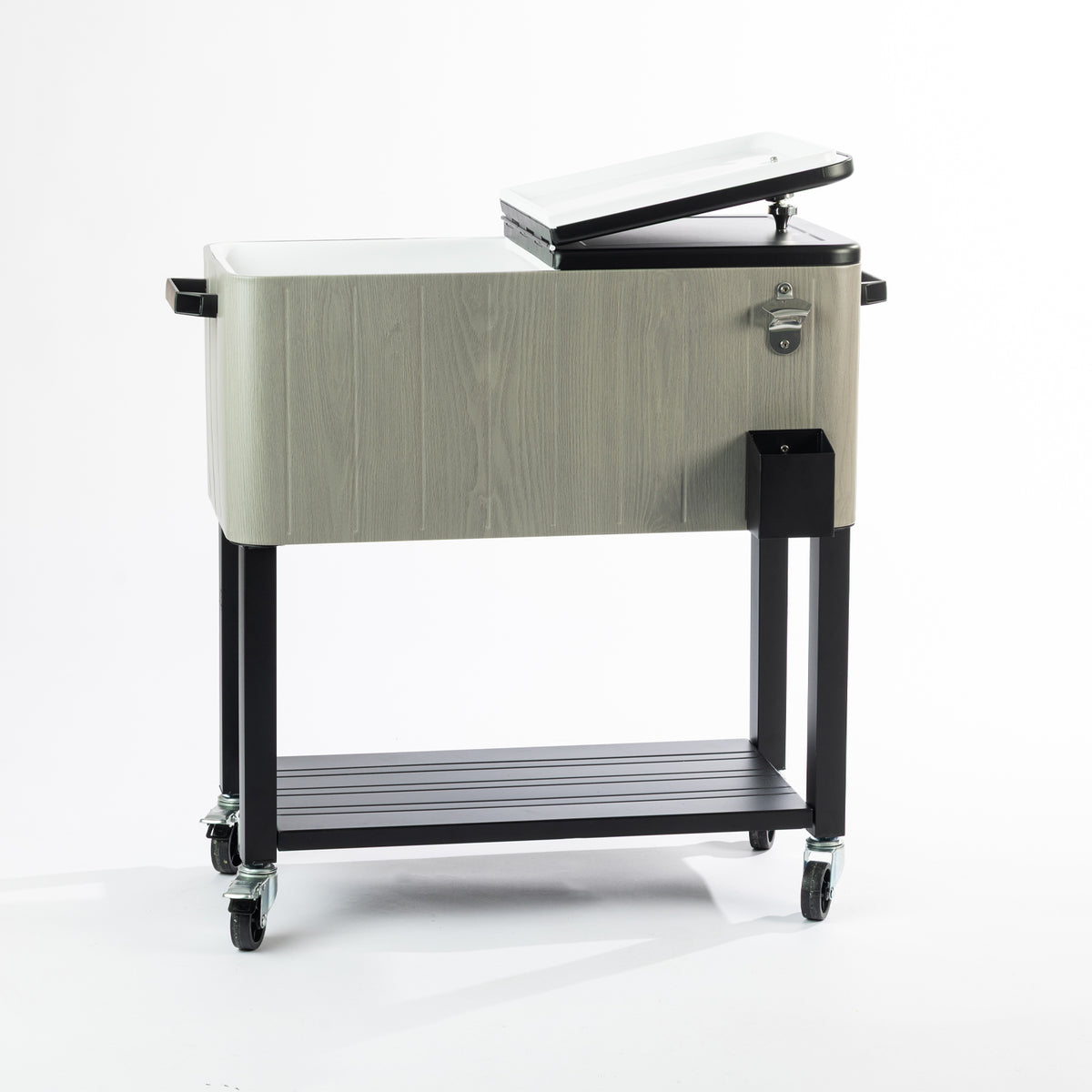 Grey wood-look 76L cooler box displayed with one lid open, revealing its spacious white insulated interior. Features a black metal frame, lower slatted storage shelf and caster wheels for convenient mobility.