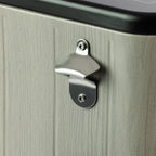 Close-up of the silver metal bottle opener secured to the grey wood-look cooler box, highlighting its polished finish and contrasting textured exterior.