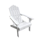 A white slatted Adirondack-style outdoor chair shown at an angle on a plain white background.