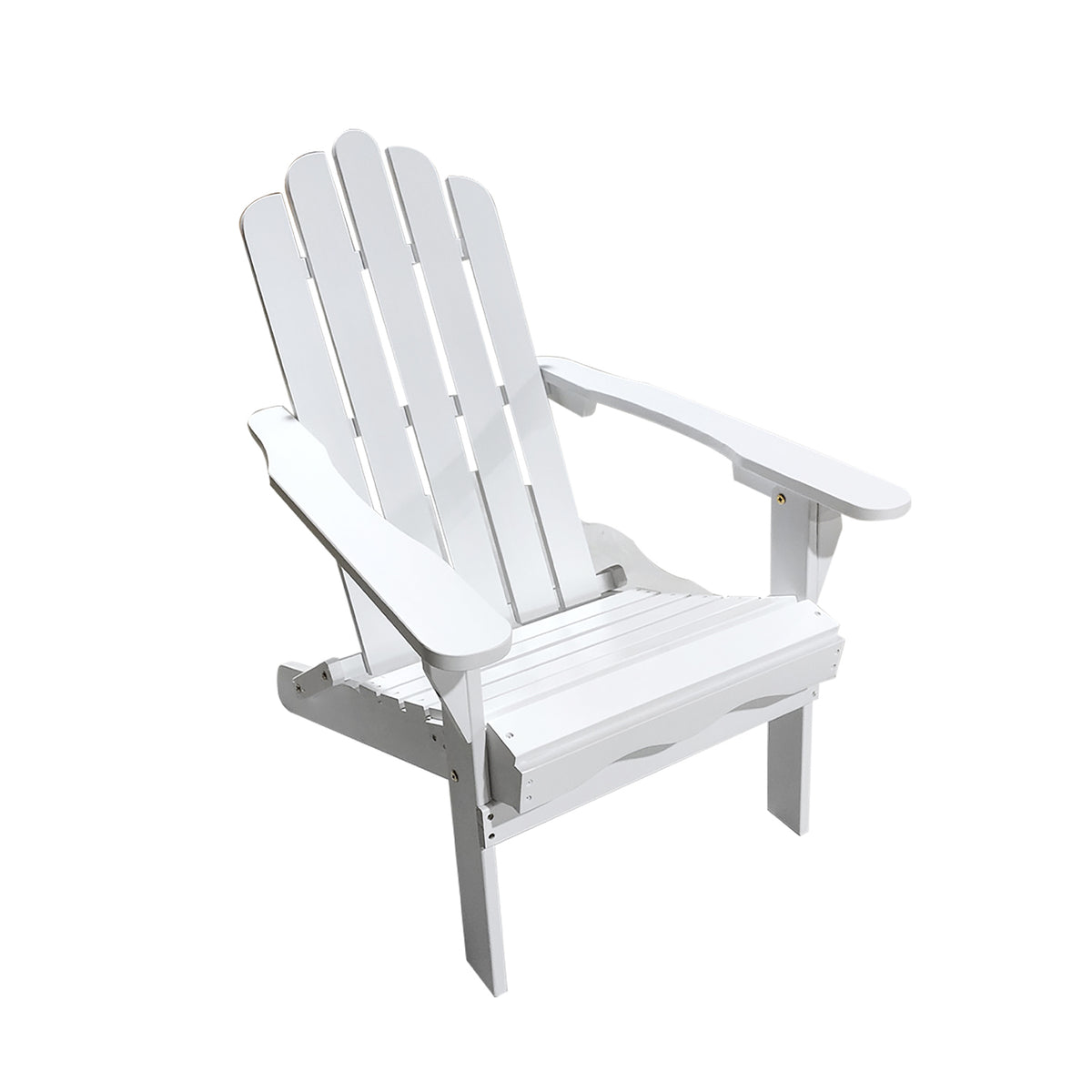 A white slatted Adirondack-style outdoor chair shown at an angle on a plain white background.