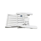 A white outdoor folding chair shown folded flat against a plain white background.