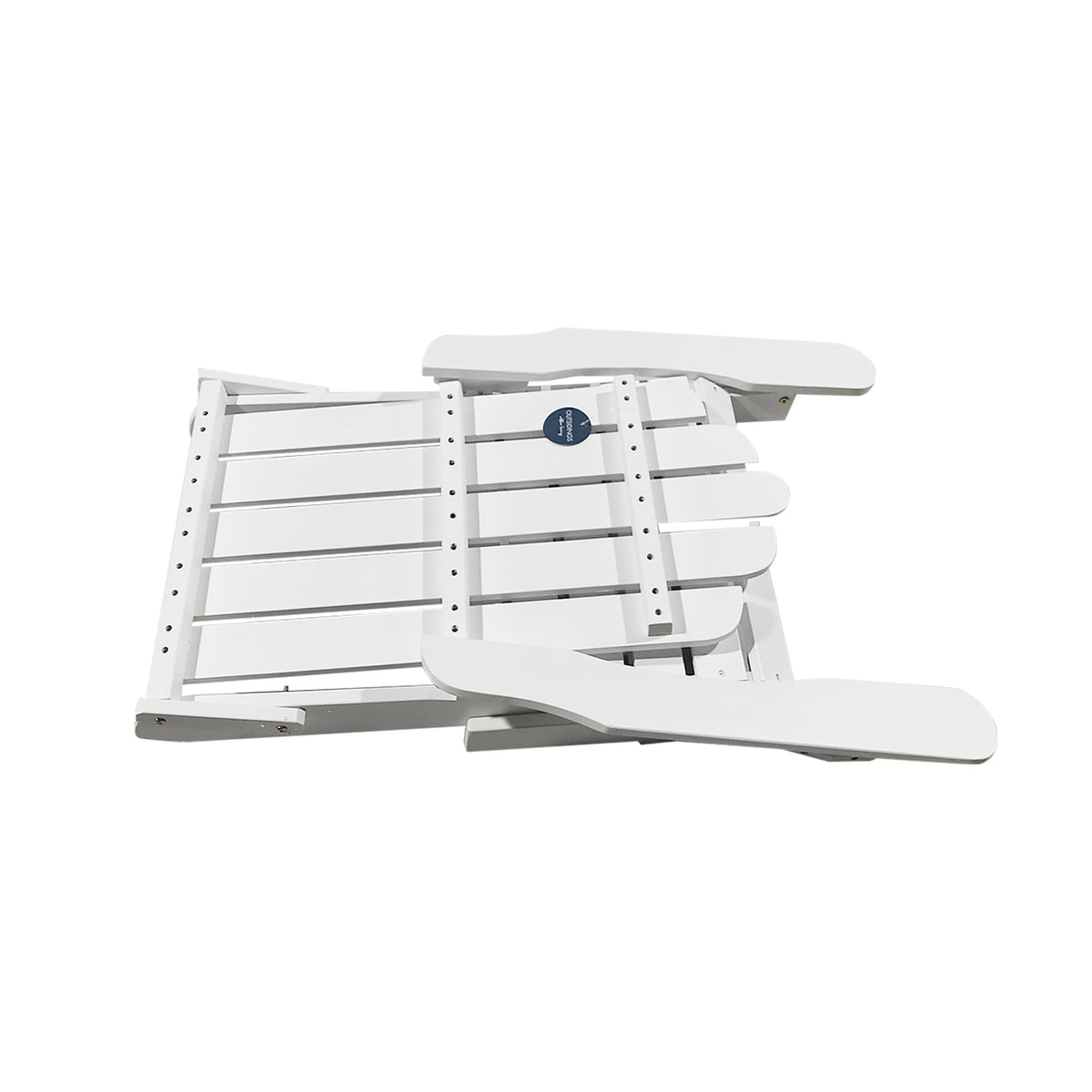 A white outdoor folding chair shown folded flat against a plain white background.