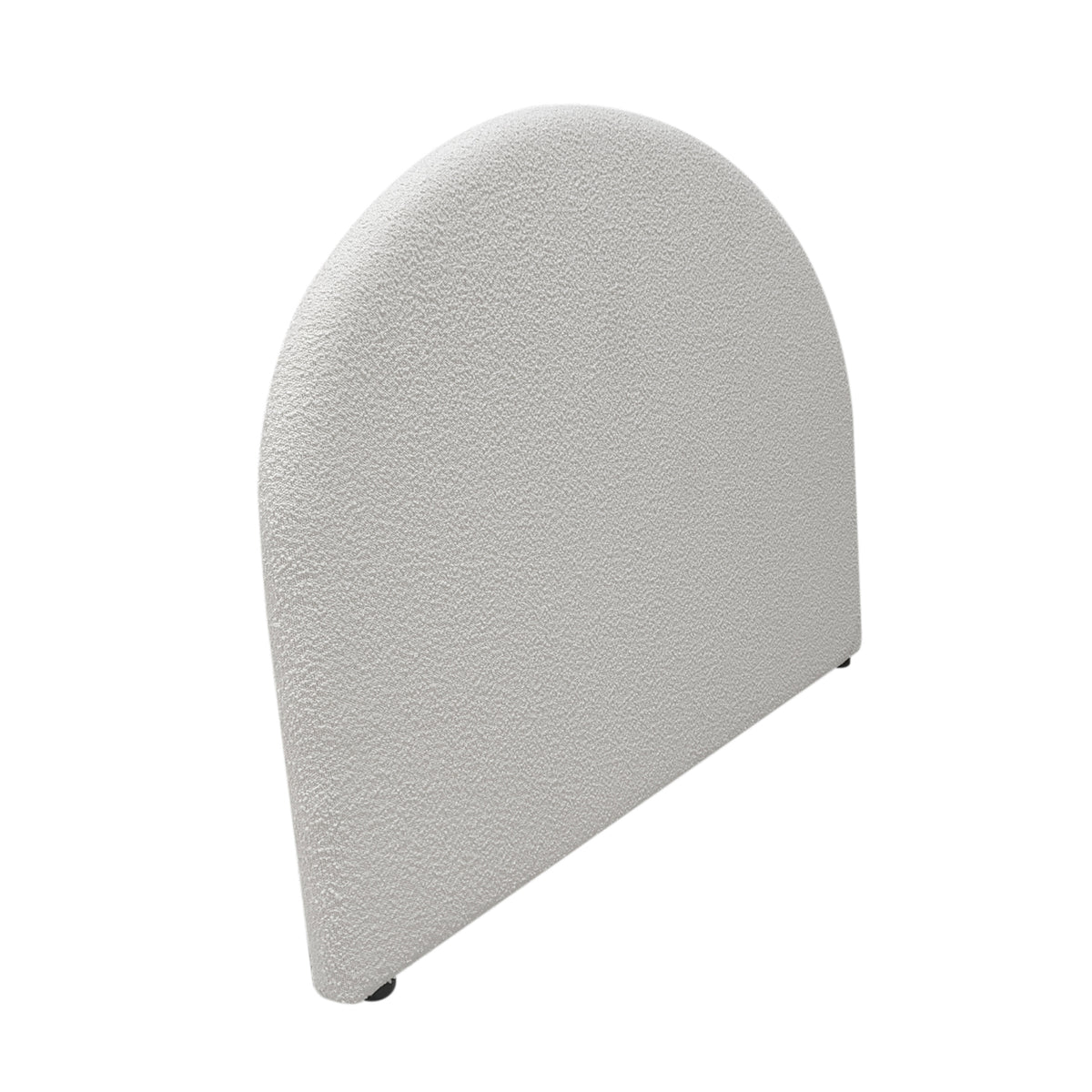 Angled view of the Design Plus Eve Arch Headboard in Cream, highlighting the curved shape, textured bouclé upholstery and slim profile.