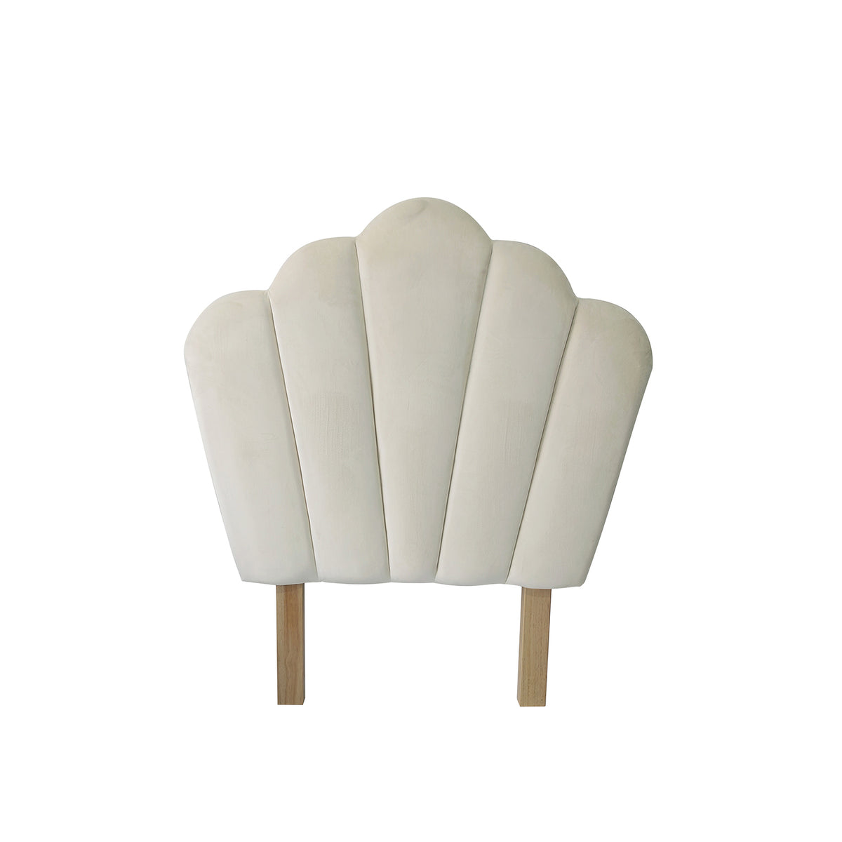 Front view of the bb&b Kids Shell Velvet Headboard in Ivory, featuring a scalloped shell design with plush velvet upholstery, vertical panel detailing and natural wooden legs.