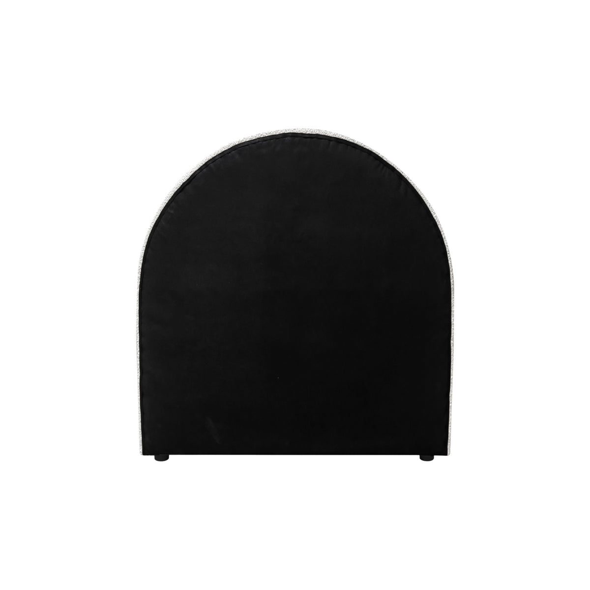 Rear view of the Cream Eve Arch Boucle Headboard showing the smooth black fabric backing, curved top and small supporting feet.