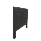 Side angle view of the Dark Grey Jade Linen Look Headboard highlighting its padded construction, diamond tufting and upholstered legs.