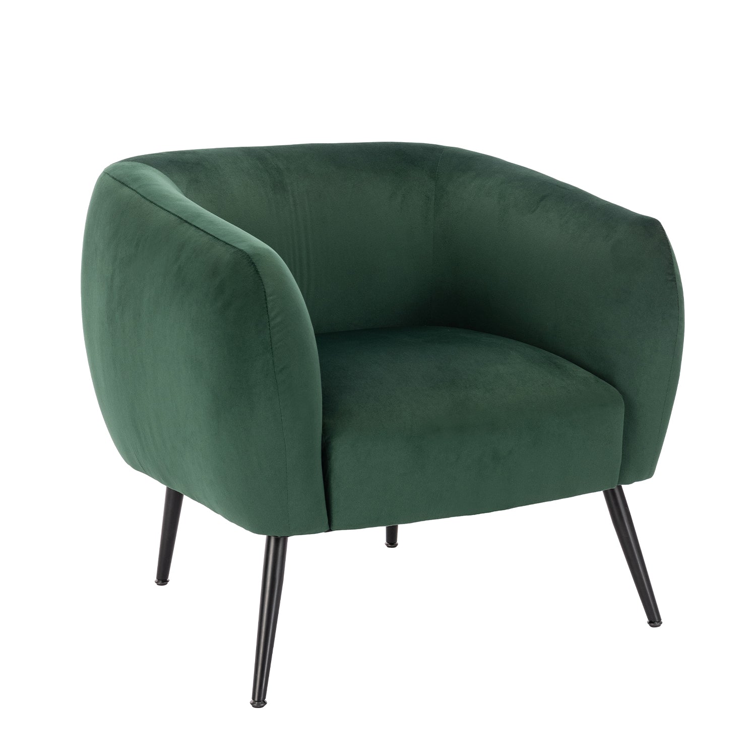 Design Republique Olivia Green Velvet Chair with soft green velvet upholstery, a rounded wraparound design and black metal legs, shown against a white background.