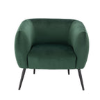 Design Republique Olivia Green Velvet Chair with a curved wraparound back, plush green velvet upholstery and slim black metal legs, shown against a white background.