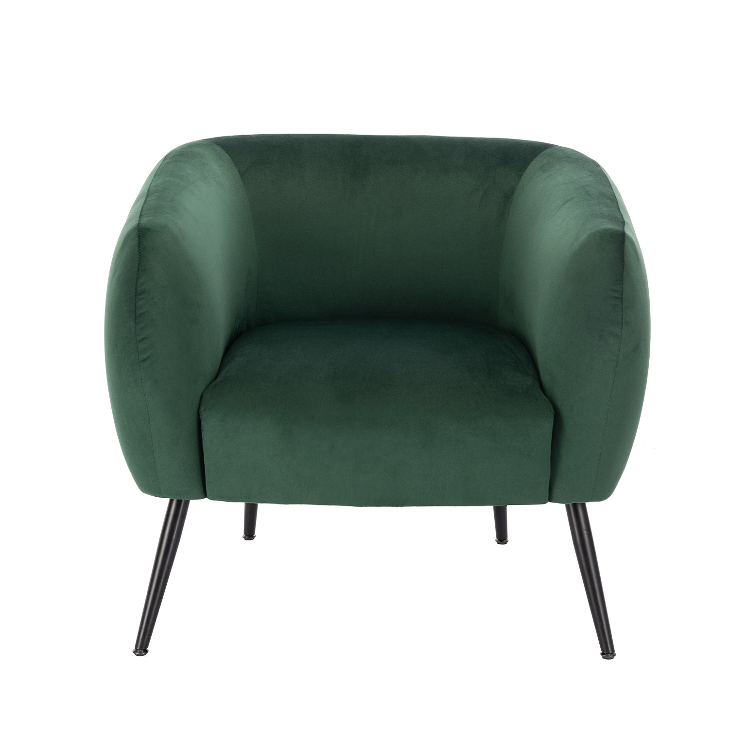 Design Republique Olivia Green Velvet Chair with a curved wraparound back, plush green velvet upholstery and slim black metal legs, shown against a white background.