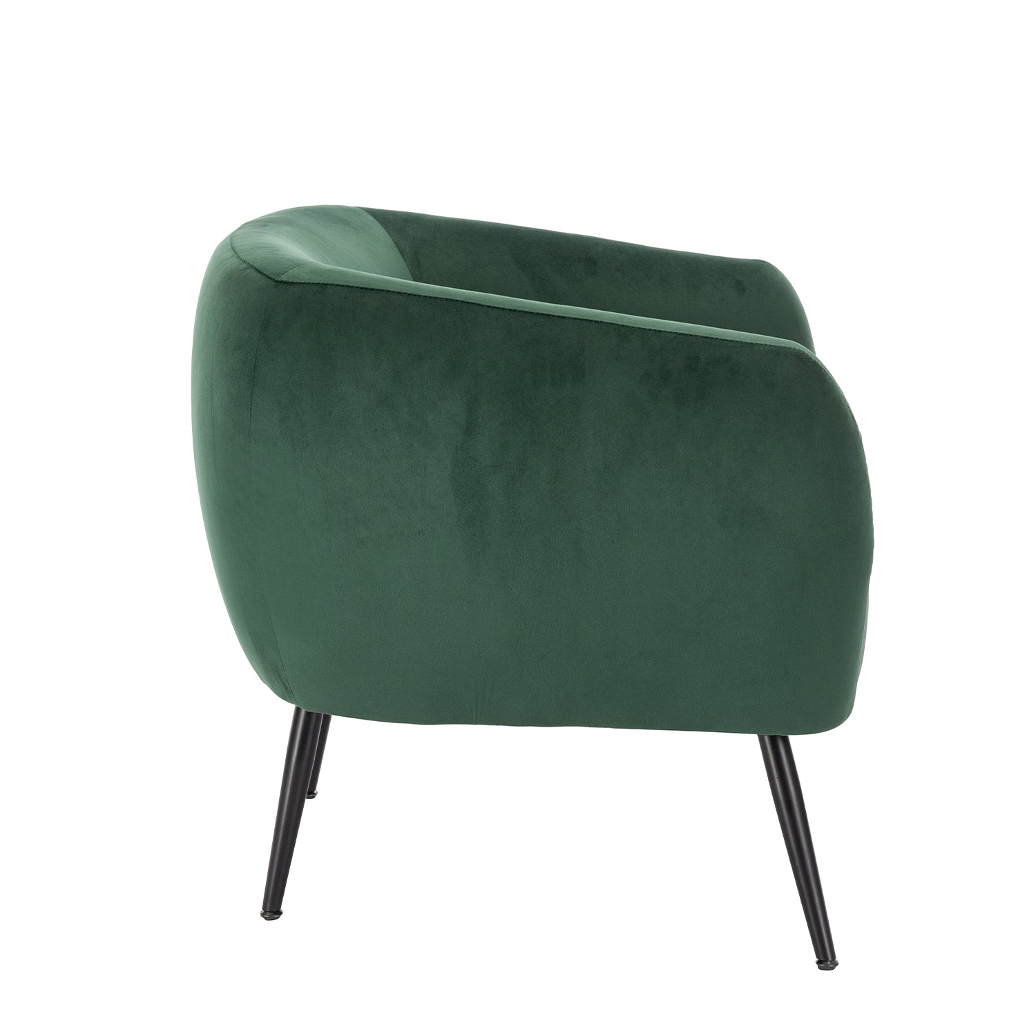 Design Republique Olivia Green Velvet Chair with a curved wraparound profile, green velvet upholstery and slim black metal legs, shown against a white background.