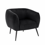 Design Republique Olivia Black Velvet Chair with soft black velvet upholstery, a rounded wraparound design and black metal legs, shown against a white background.