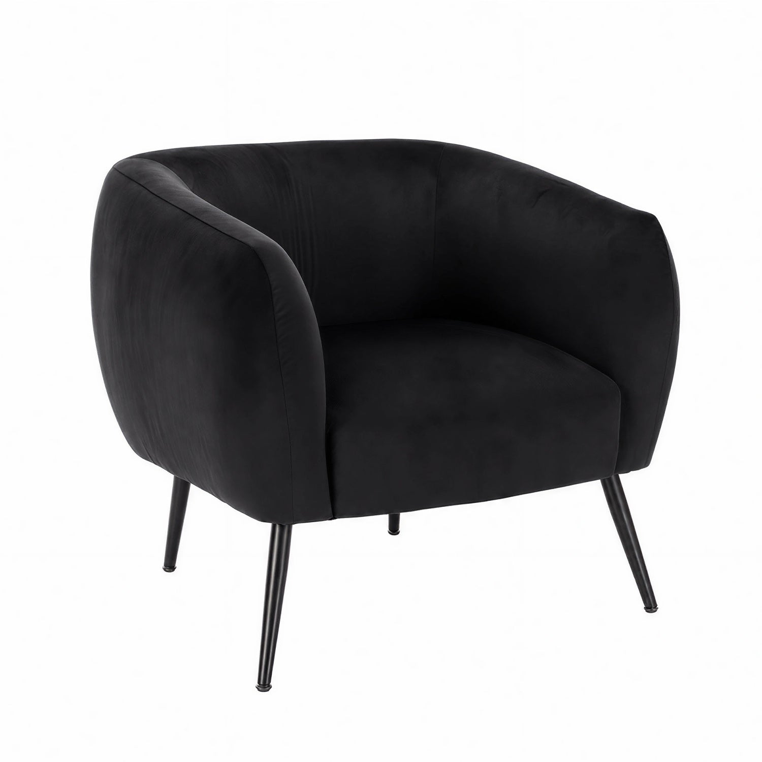 Design Republique Olivia Black Velvet Chair with soft black velvet upholstery, a rounded wraparound design and black metal legs, shown against a white background.