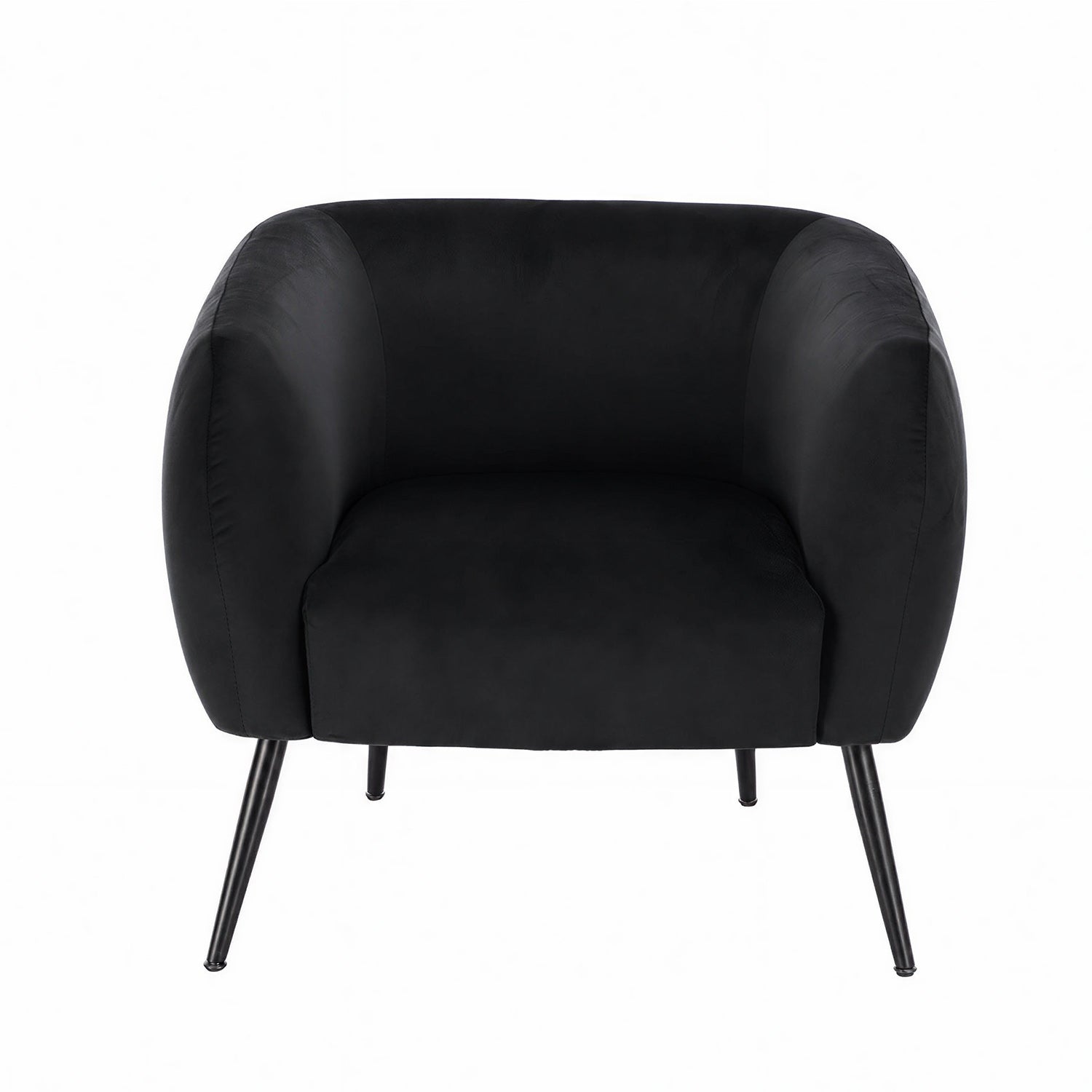 Design Republique Olivia Black Velvet Chair with a curved wraparound back, plush black velvet upholstery and slim black metal legs, shown against a white background.