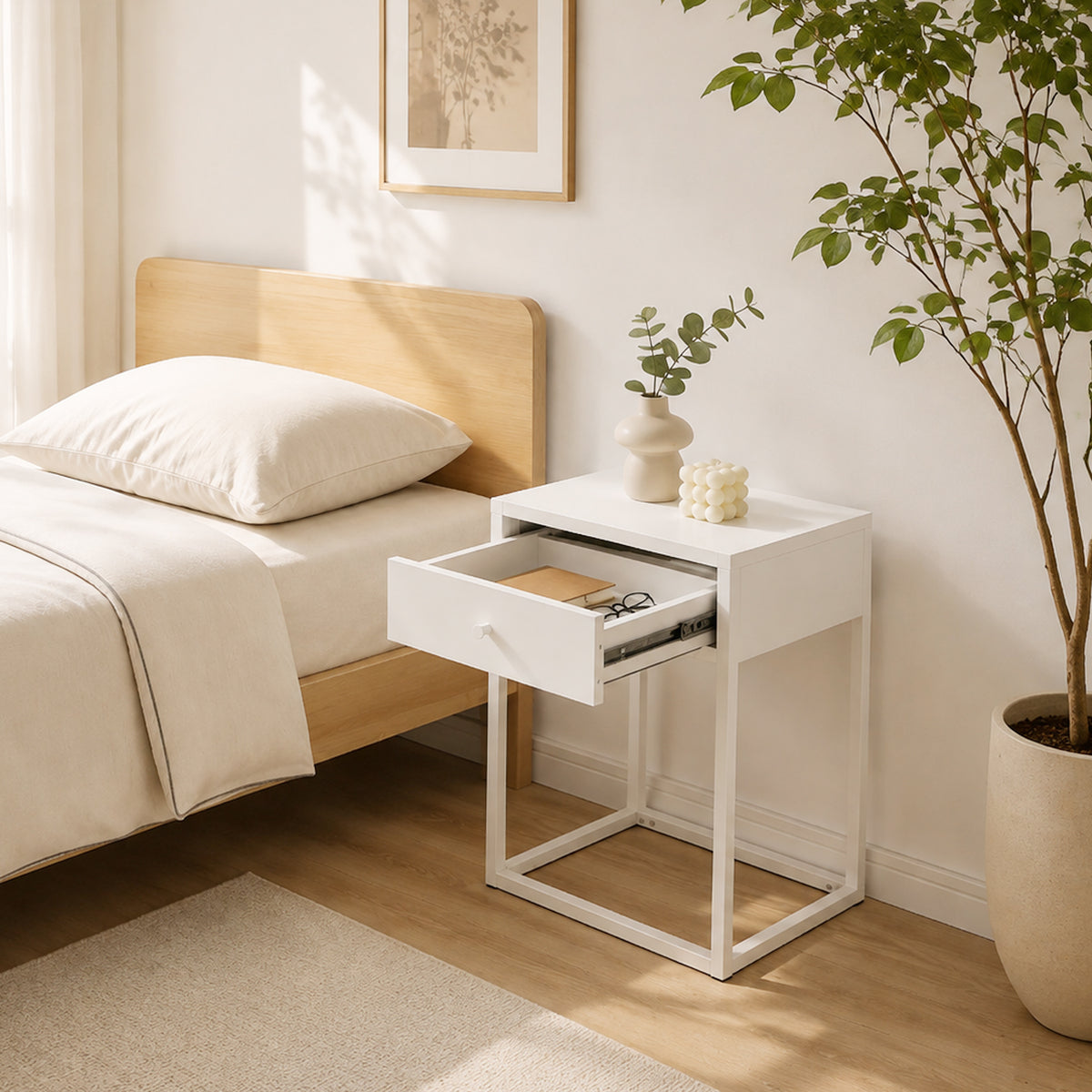 A modern white nightstand with an open drawer and square metal legs, styled next to a bed in a bright, minimalist bedroom with a potted plant.