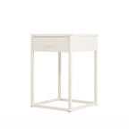 A modern white side table with a single drawer, open square metal frame, and a small round knob handle, shown on a plain white background.