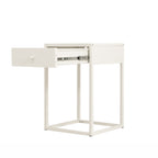 A white metal nightstand with a single drawer, shown with one drawer pulled open to reveal the metal pull-out mechanism. The nightstand has a square base frame and is photographed on a seamless white background.