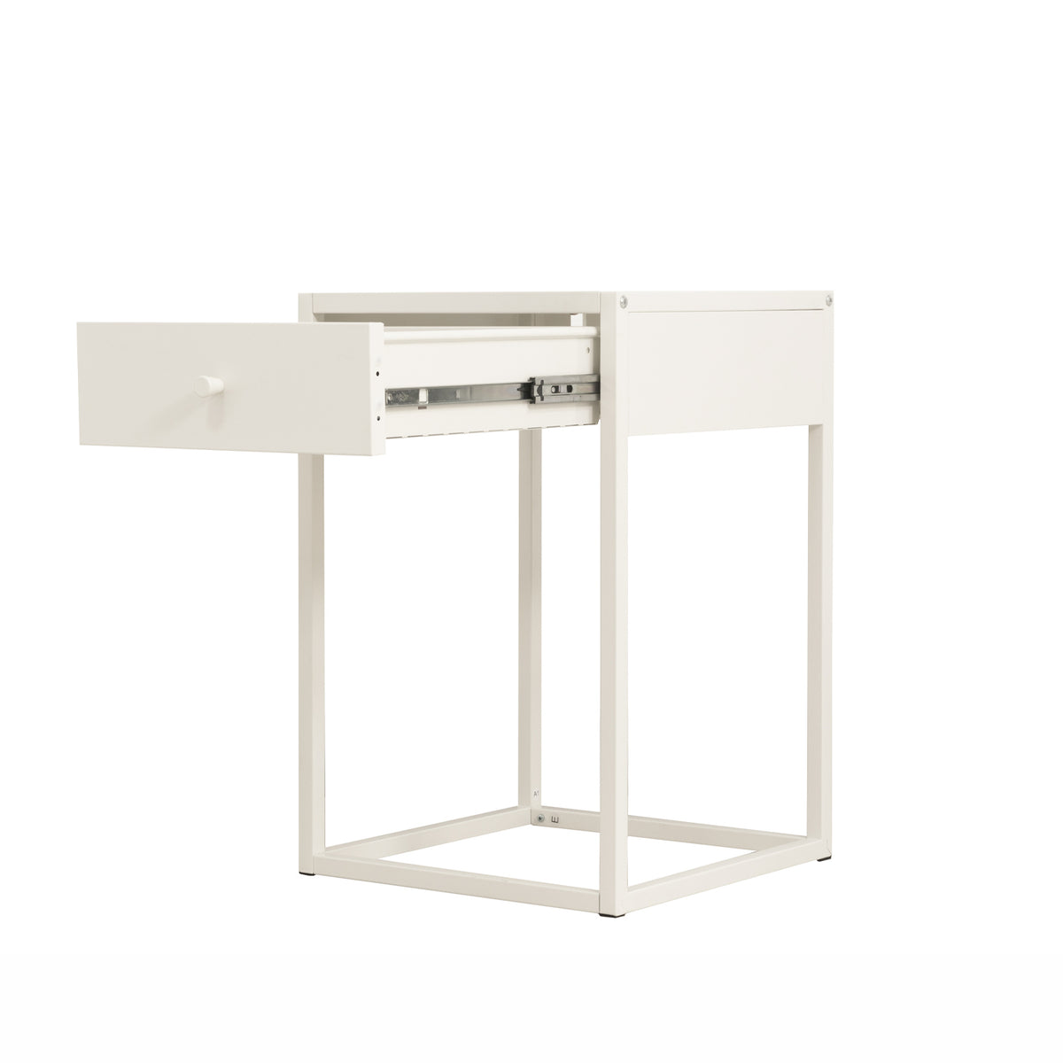A white metal nightstand with a single drawer, shown with one drawer pulled open to reveal the metal pull-out mechanism. The nightstand has a square base frame and is photographed on a seamless white background.
