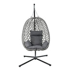 A gray woven hanging egg chair with a black metal stand and gray cushions, shown against a plain white background.