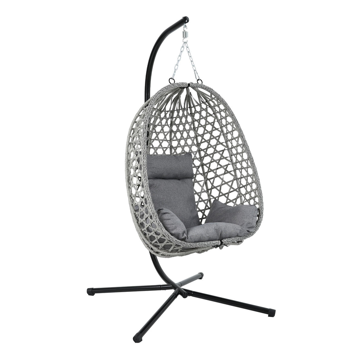 A gray woven hanging egg chair with a black metal stand and gray cushions, shown against a plain white background.