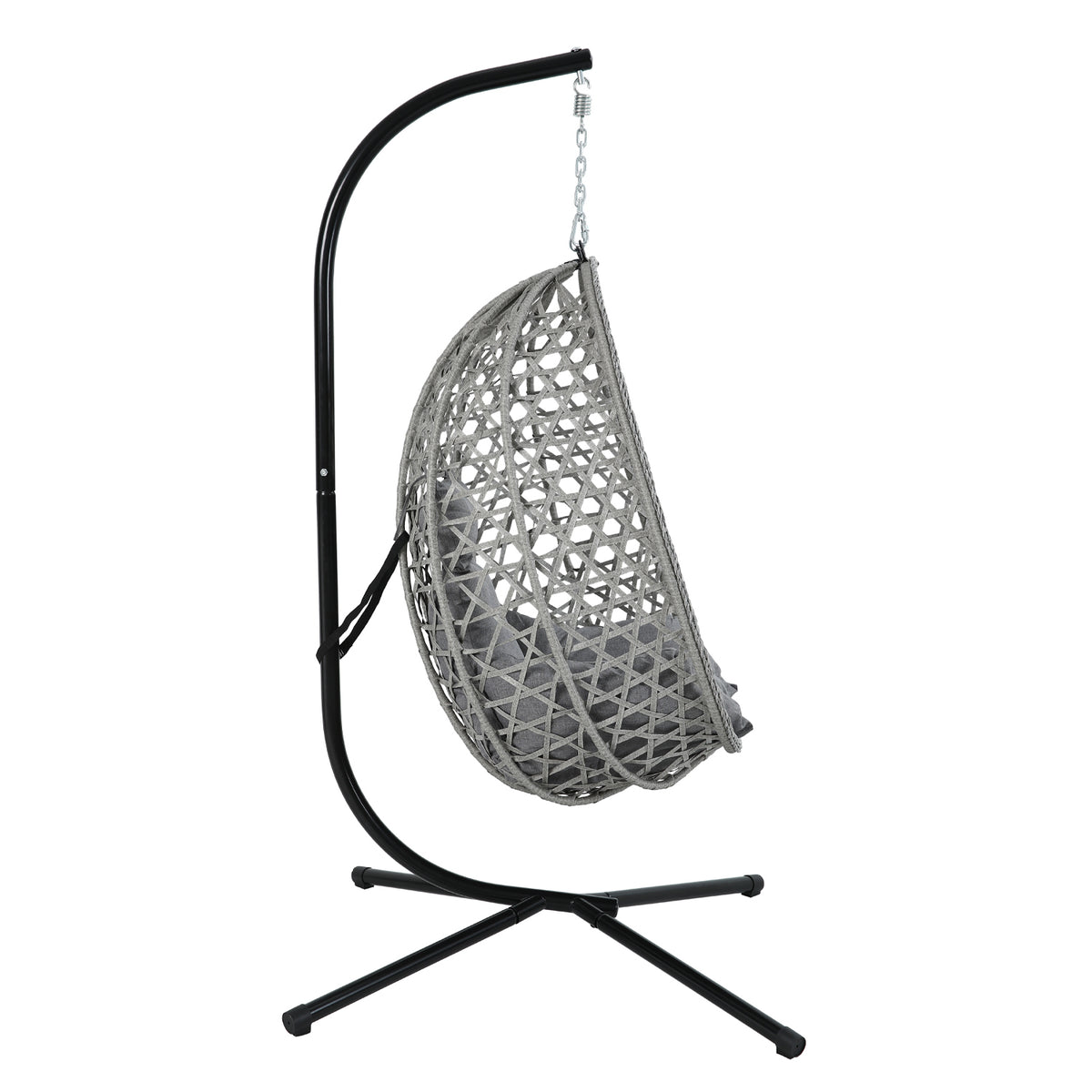 A gray woven hanging egg chair with a black metal stand and gray cushions, shown against a plain white background.