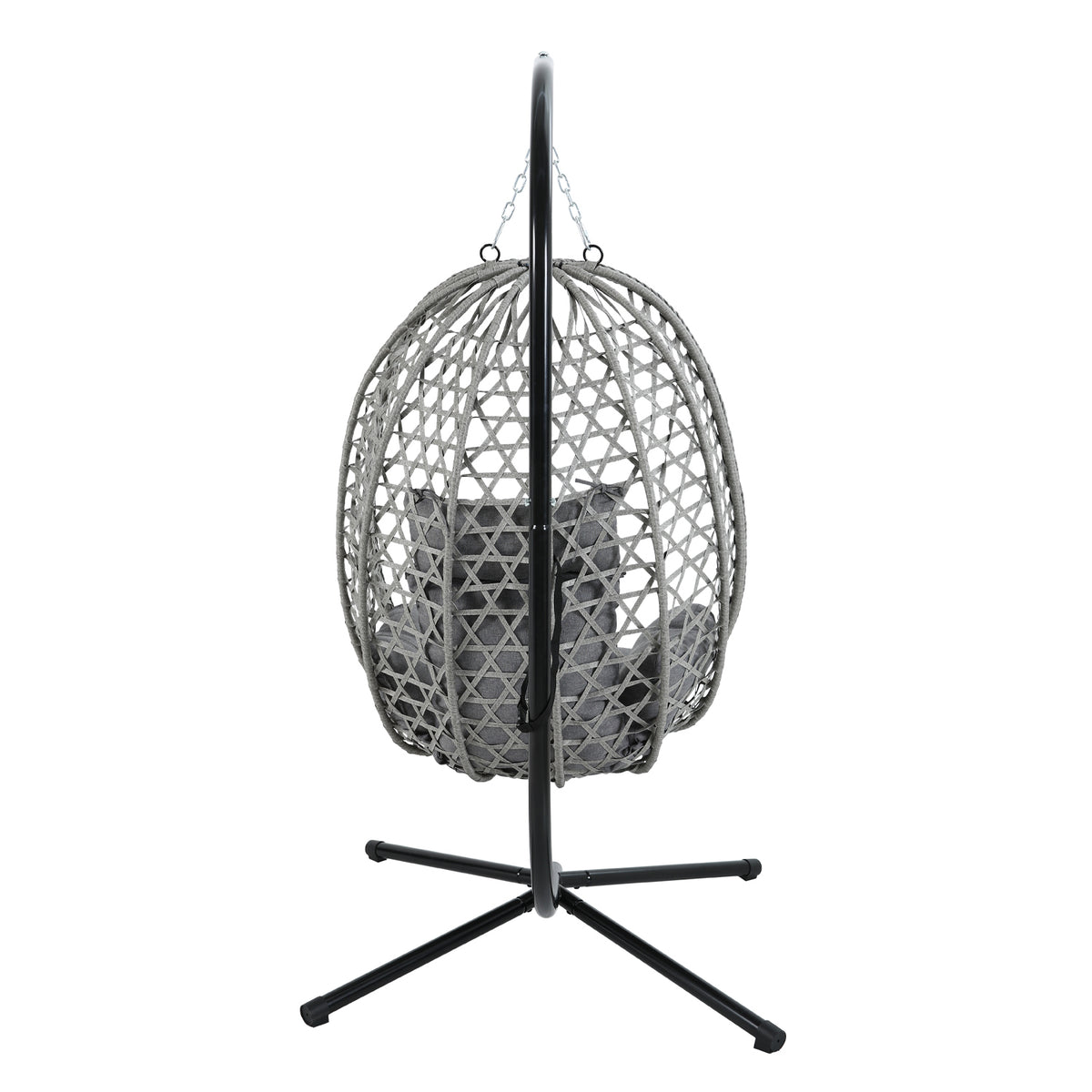 A gray woven hanging egg chair with a black metal stand and gray cushions, shown against a plain white background.
