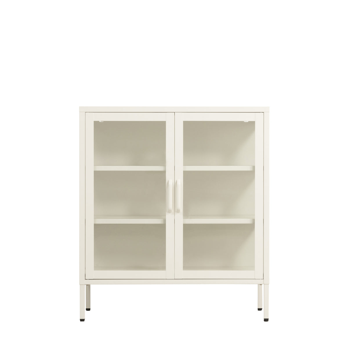 Front view of a white shelving cabinet featuring two glass-front doors, three internal storage levels, matching white handles and slim raised legs.