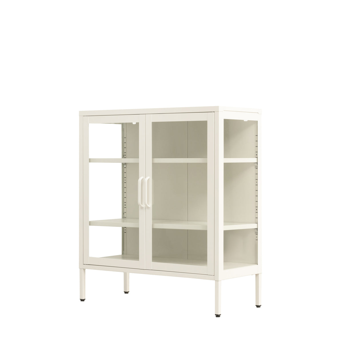 Angled view of a white shelving cabinet showcasing its glass-front doors, glass side panels, spacious internal shelves and sleek white metal frame.