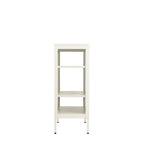 Side view of a white shelving cabinet highlighting its glass side panel, three storage levels and slim raised legs.