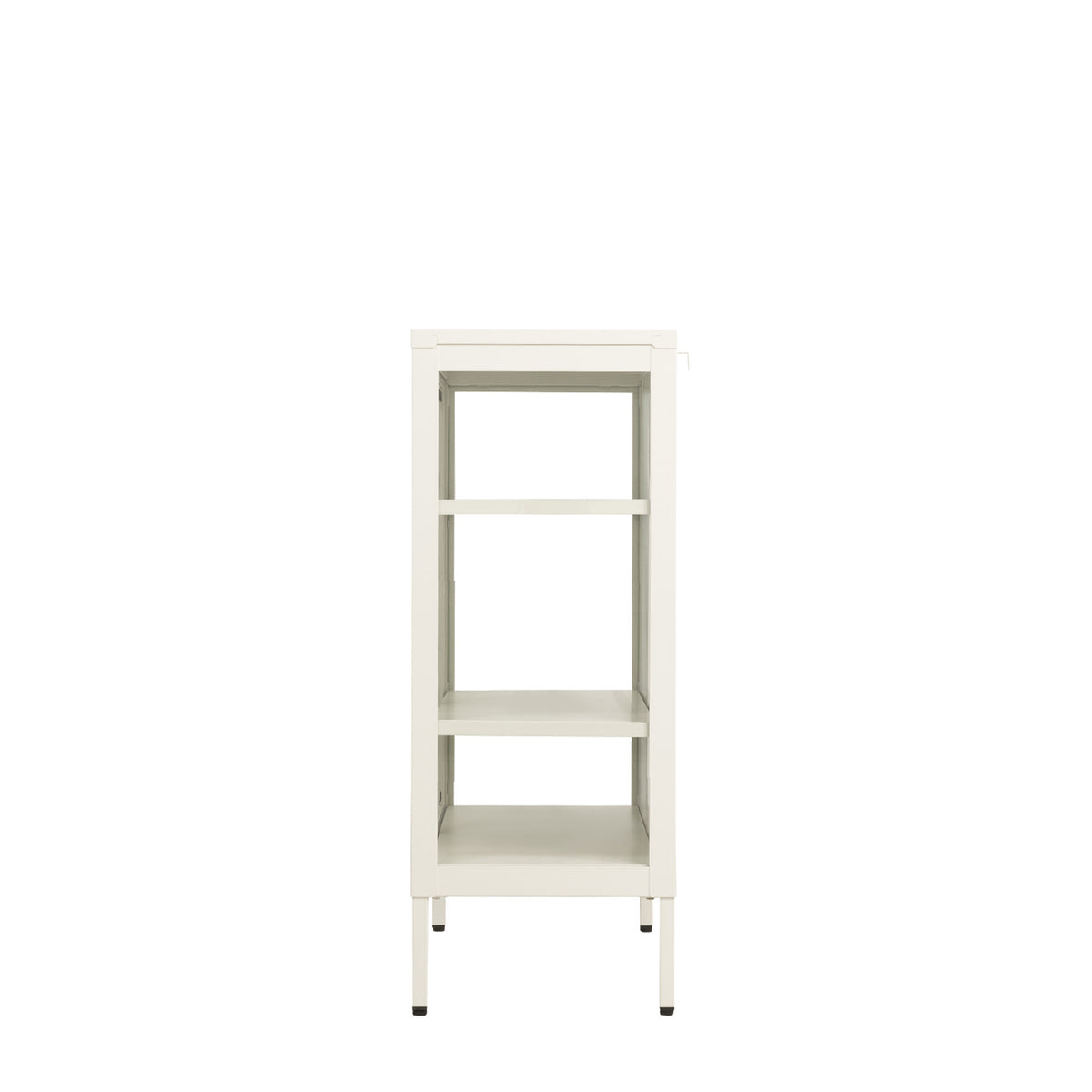 Side view of a white shelving cabinet highlighting its glass side panel, three storage levels and slim raised legs.