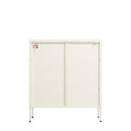 Rear view of a white shelving cabinet featuring a solid white back panel, central support and raised metal legs.