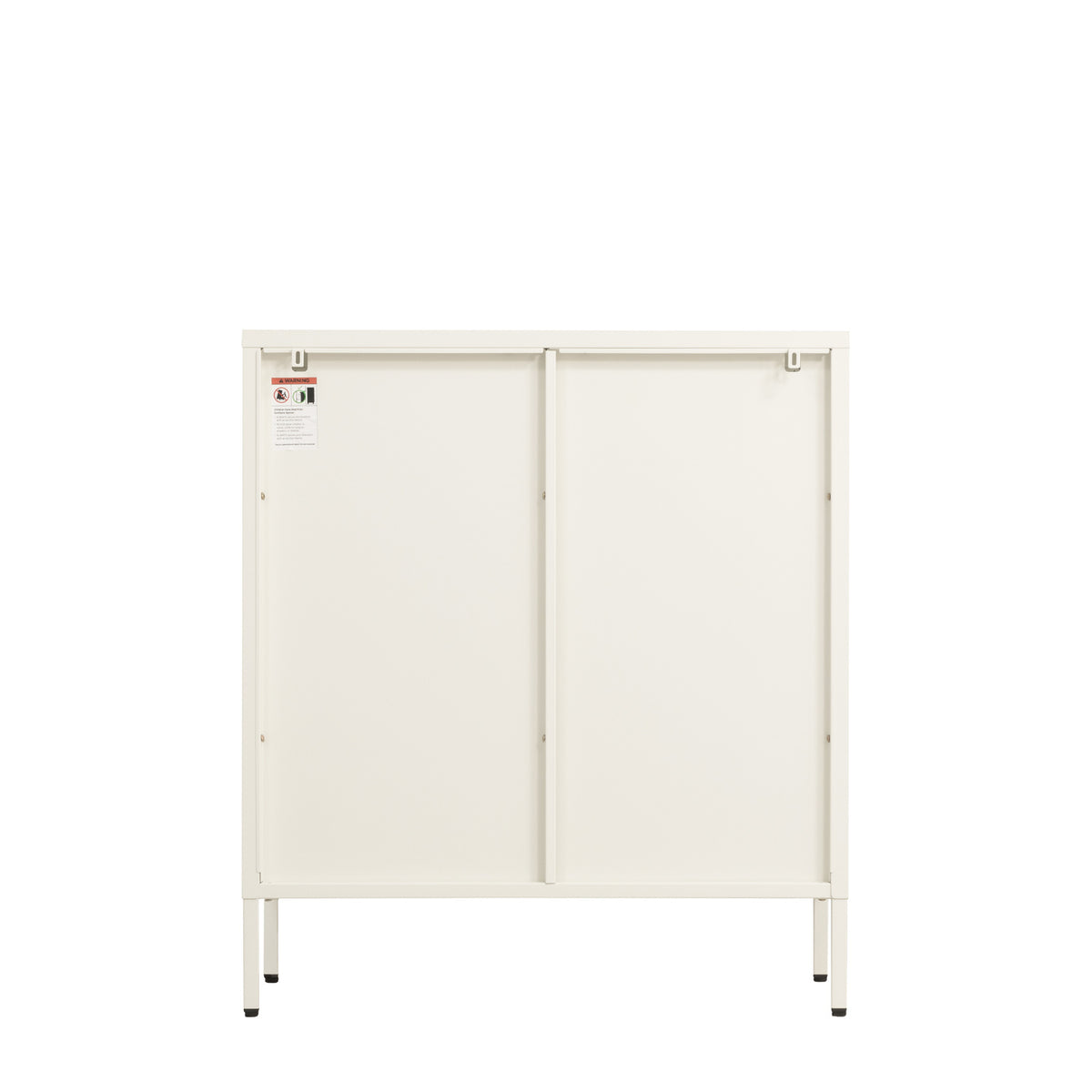 Rear view of a white shelving cabinet featuring a solid white back panel, central support and raised metal legs.