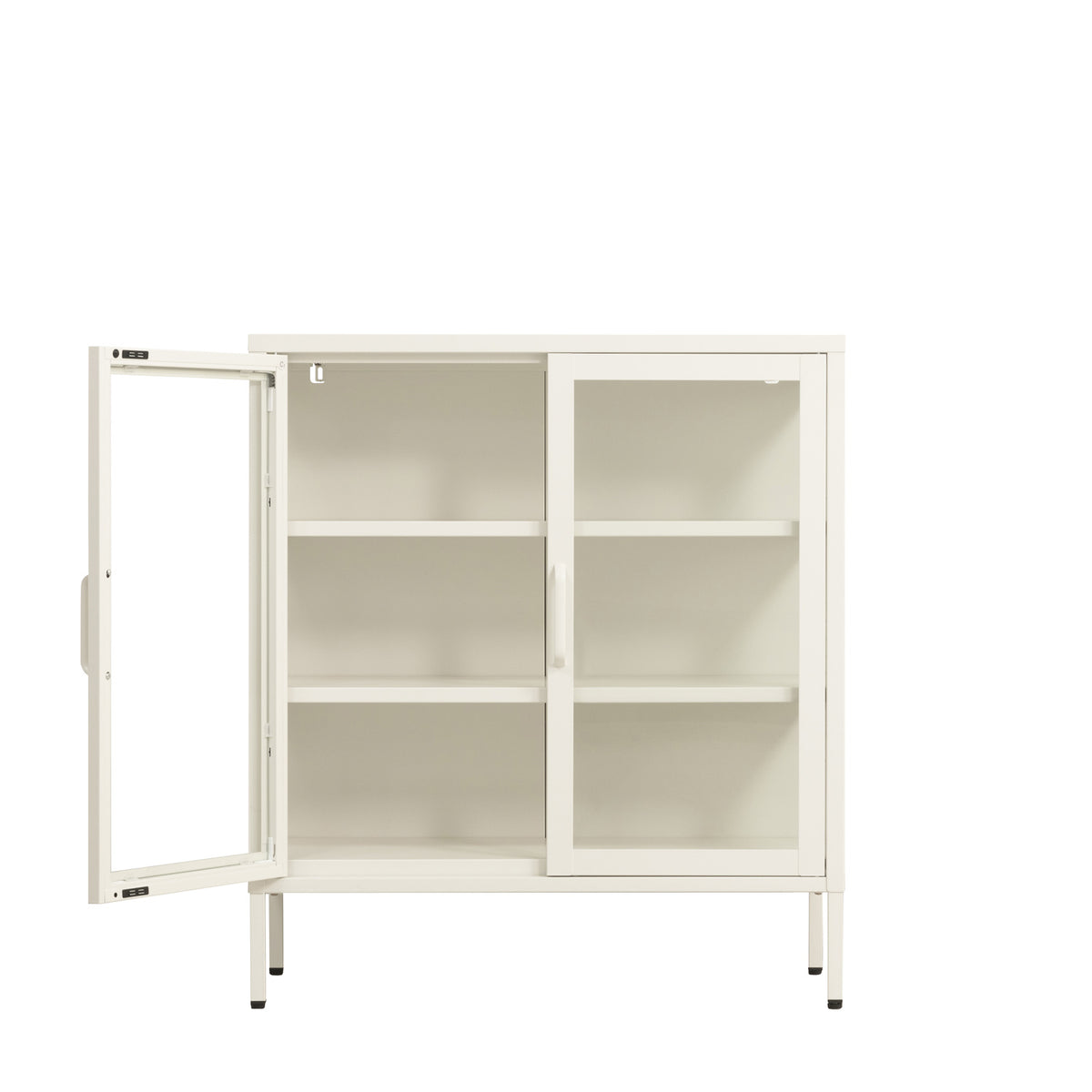 White shelving cabinet with one glass door open, revealing the spacious internal shelves and white interior.