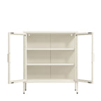 White shelving cabinet with both glass doors fully open, displaying three spacious storage levels and a clean white interior.